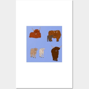Highland Cows Pattern Blue Posters and Art